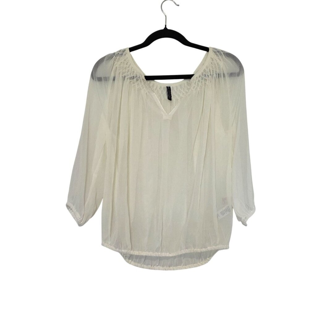 Kas Designs Womens Boho Sheer Peasant Top Small White Balloon Sheer Hippie Fest